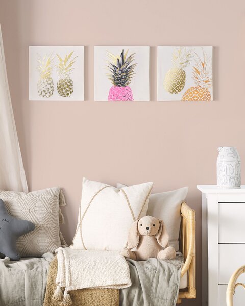 Sada 3 obrazov na plátne zelená ružová zlatá nylon MDF 30 x 30 cm štvorcový tvar motív ananásu moderný štýl doplnky dekorácie