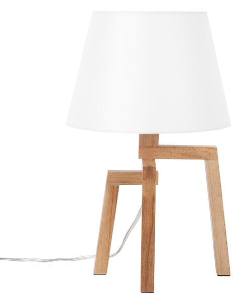 Stolná lampa s bielym látkovým tienidlom zo svetlého dreva s 3 nohami moderný štýl obývačka spálňa