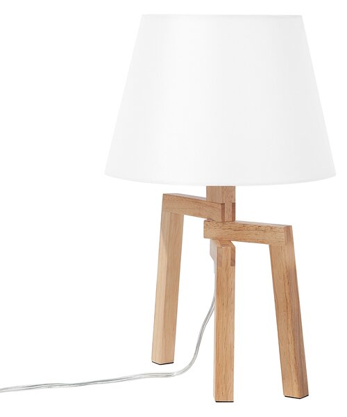 Stolná lampa s bielym látkovým tienidlom zo svetlého dreva s 3 nohami moderný štýl obývačka spálňa