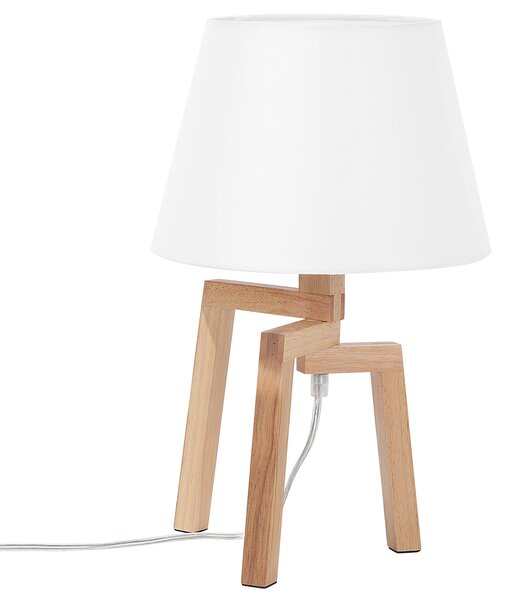 Stolná lampa s bielym látkovým tienidlom zo svetlého dreva s 3 nohami moderný štýl obývačka spálňa