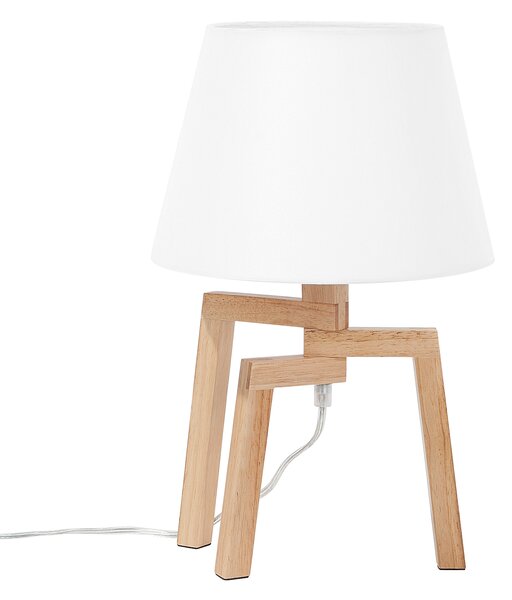 Stolná lampa s bielym látkovým tienidlom zo svetlého dreva s 3 nohami moderný štýl obývačka spálňa