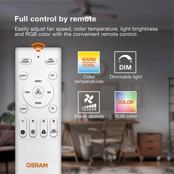 Osram - LED RGB stmievateľný stropný ventilátor NORDES LED/18W/230V 3000-6500K + diaľkový ovládač