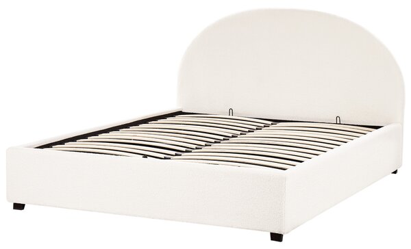 Posteľ s úložným priestorom krémová biela buklé čalúnenie 160 x 200 cm zaoblené čelo minimalistický retro dizajn spálňa
