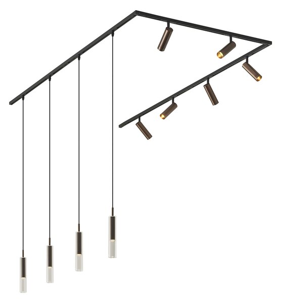 Moderný koľajnicový systém čierny so 6 reflektormi a 4 závesnými svietidlami tmavý bronz 1-fázový - Slimline Uzzy Loyce