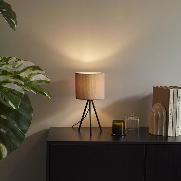Moderná stolná lampa s trojnožkou v taupe farbe so zamatovým tienidlom - Luz
