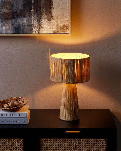 Stolná lampa prírodná rafia tienidlo z palmových listov svietidlo boho štýl ručná výroba