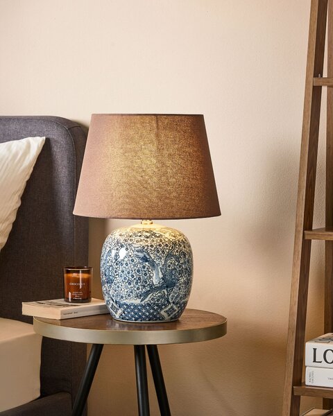 Stolná lampa hnedá a modrá porcelánový podstavec ľanové tienidlo 46 cm moderný štýl obývacia izba spálňa