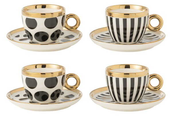 Set 4ks bielo-čierna šálka s tanierikom so zlatými detailmi Hollywood - Ø 13*8 cm - J-Line by Jolipa