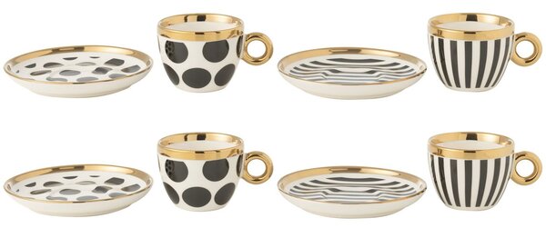 Set 4ks bielo-čierna šálka s tanierikom so zlatými detailmi Hollywood - Ø 13*8 cm - J-Line by Jolipa