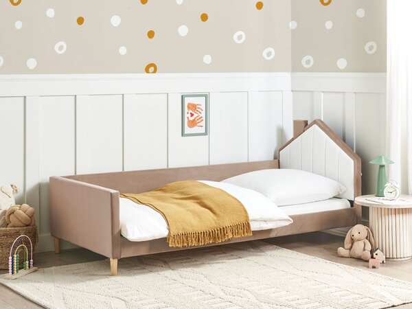 Posteľ hnedá biela zamatové čalúnenie v tvare domčeka 90 x 200 cm moderný tradičný štýl detská izba