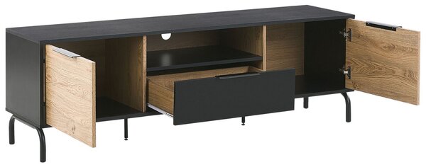 TV stolík čierna svetlé drevo drevotrieska spracované drevo kovové nohy úložná skrinka moderný dizajn