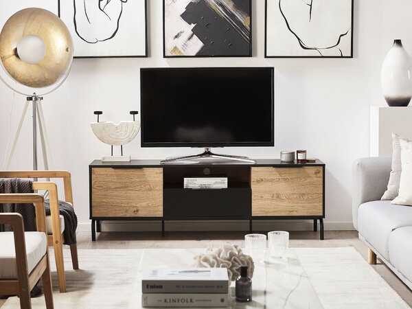 TV stolík čierna svetlé drevo drevotrieska spracované drevo kovové nohy úložná skrinka moderný dizajn