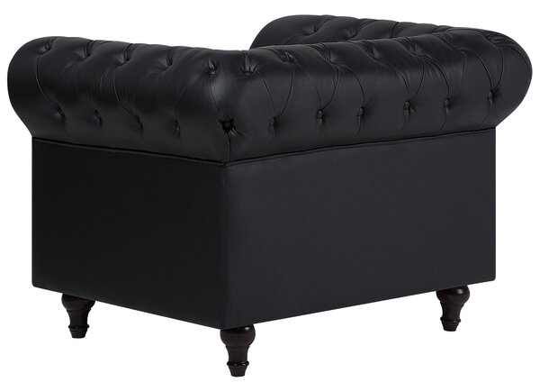 Kreslo chesterfield čierna umelá koža nízke prešívané operadlo tmavé drevené nohy moderné