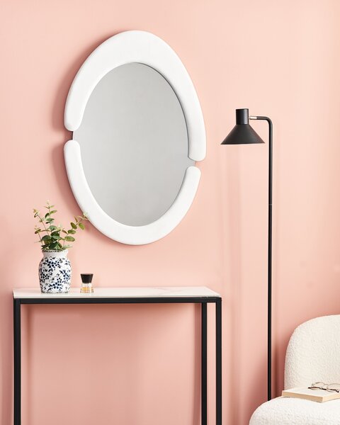 Nástenné zrkadlo biele MDF zamatový rám sklo 53 x 89 cm oválny tvar závesné na stenu moderný štýl