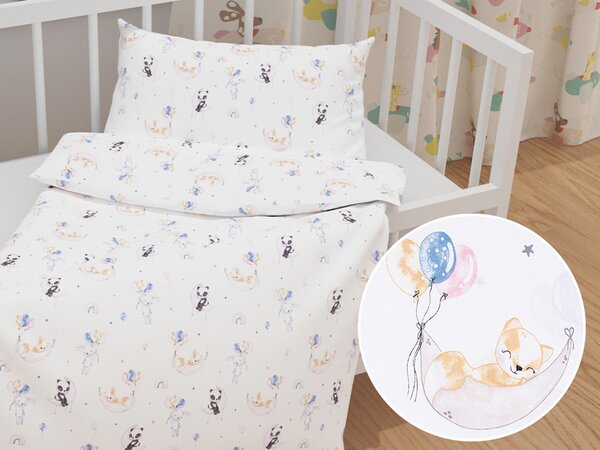 Biante Detské bavlnené posteľné obliečky do postieľky Sandra SA-374 Pandy líšky a zajačiky s balónikmi Do postieľky 90x140 a 50x70 cm