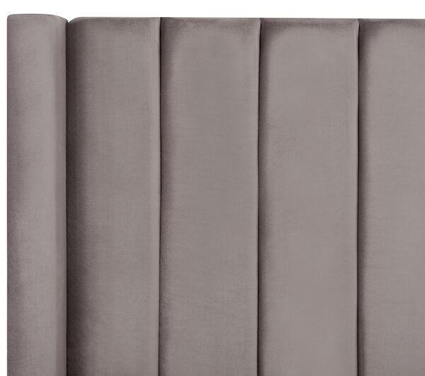 Posteľ sivá zamatové čalúnenie 140 x 200 cm s roštom a úložným priestorom vysoké čelo odkladacia lavica moderný štýl spálňa