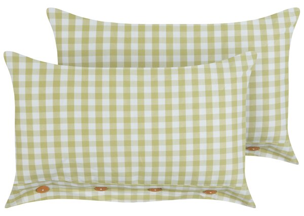 Sada 2 dekoratívnych vankúšov olivovozelený a biely kockovaný vzor 40 x 60 cm gombíky moderný bytový doplnok spálňa obývačka