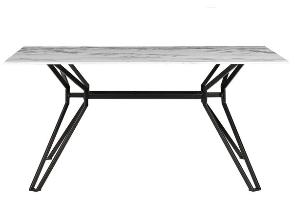 Jedálenský stôl čierna biela sklo železo 160 x 90 cm obdĺžnikový tvar vrchná doska s mramorovým efektom moderný industriálny štýl kuchyňa