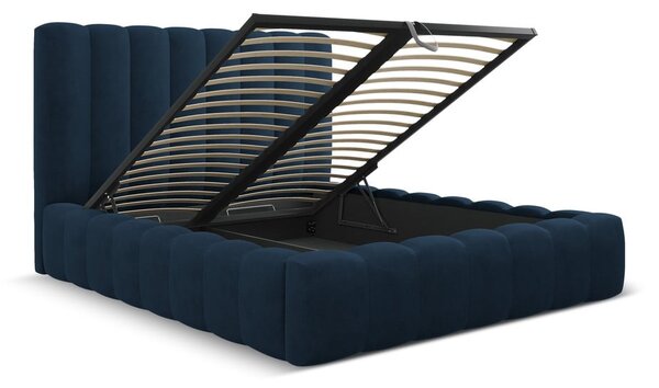 Tmavomodrá čalúnená dvojlôžková posteľ s úložným priestorom a roštom 160x200 cm Kelp – Micadoni Home