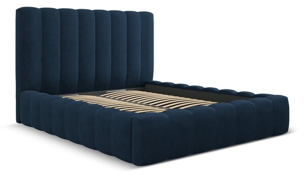 Tmavomodrá čalúnená dvojlôžková posteľ s úložným priestorom a roštom 160x200 cm Kelp – Micadoni Home