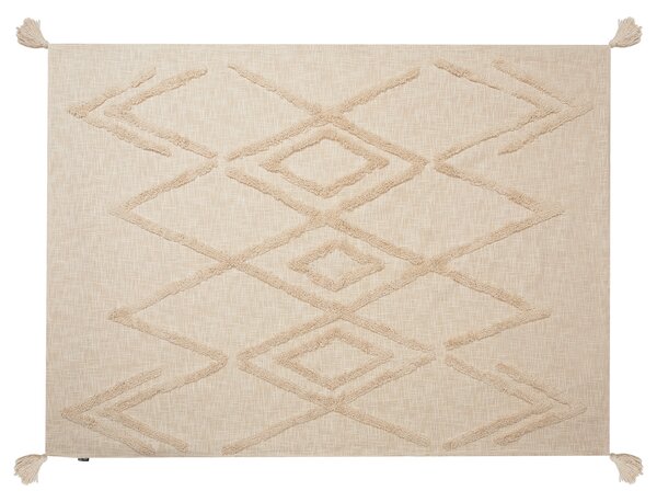 Prikrývka béžová bavlnená 130 x 180 cm ručne vyšívaná so strapcami geometrický vzor deka v boho štýle