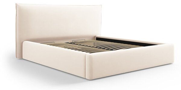 Krémovobiela čalúnená dvojlôžková posteľ s úložným priestorom a roštom 160x200 cm Elio – Milo Casa
