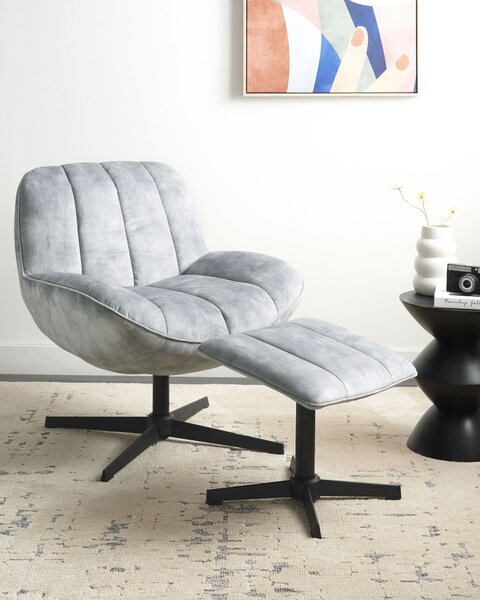 Kreslo s podnožkou sivé zamatové čalúnenie otočný podstavec prešívané sedadlo moderný mid century štýl obývačka spálňa