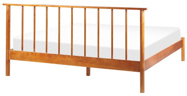 Posteľ svetlé borovicové drevo 160 x 200 cm dvojlôžko s lamelovým čelom a roštom minimalistický rustikálny štýl