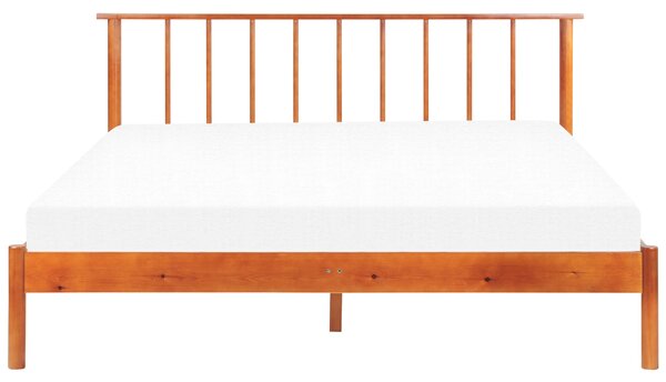 Posteľ svetlé borovicové drevo 160 x 200 cm dvojlôžko s lamelovým čelom a roštom minimalistický rustikálny štýl