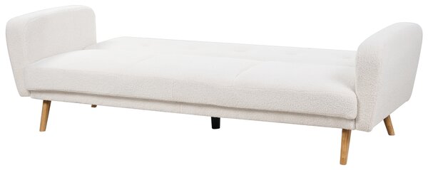 Rozkladacia pohovka biela čalúnená buklé 3-miestna vhodná na spanie drevené nohy moderná minimalistická obývacia izba