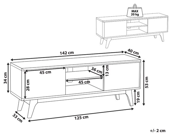 TV stolík biela tmavé drevo MDF 53 x 142 x 40 cm úložný priestor 2 skrinky 2 police na nožičkách moderný rustikálny štýl obývačka