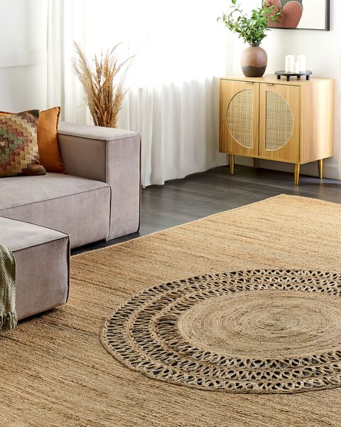 Koberec béžový jutový 160 x 230 cm pletený ručne vyrobený s vyrezávaným vzorom prírodný boho štýl textil