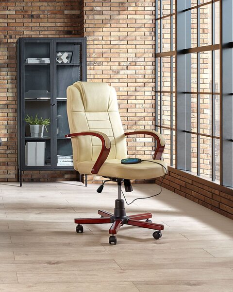 Masážne kreslo béžová koža otočné s kolieskami ergonomické nastaviteľná výška moderný štýl kancelária