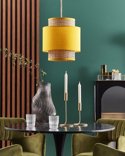 Závesná lampa prírodná ratanová žlté látkové tienidlo boho dizajn závesné svietidlo