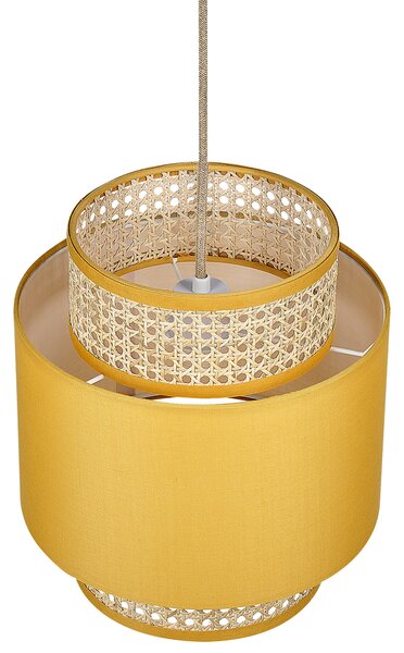 Závesná lampa prírodná ratanová žlté látkové tienidlo boho dizajn závesné svietidlo