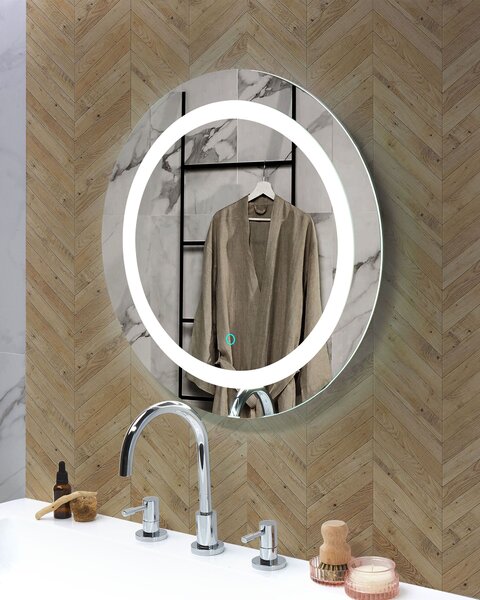 Nástenné zrkadlo strieborné syntetický materiál sklo ø 58 cm okrúhle s LED osvetlením moderný štýl kúpeľňa spálňa