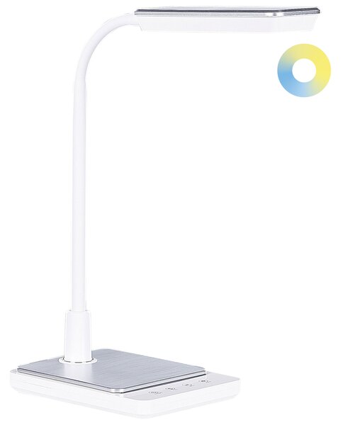 LED stolová lampa biela syntetický materiál kancelárska lampa s nastaviteľným ramenom a stmievačom