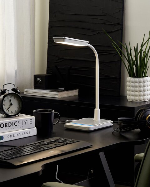 LED stolová lampa biela syntetický materiál kancelárska lampa s nastaviteľným ramenom a stmievačom