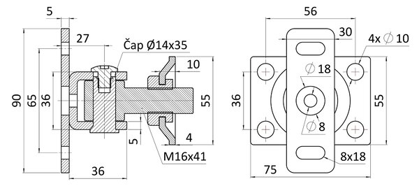 KVN SYSTEM Záves M16 s platňou 75 x 55 mm, 90°, nastaviteľný, nerez