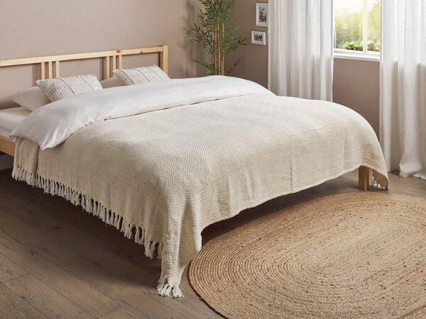 Prikrývka na posteľ svetlobéžová bavlnená 200 x 220 cm deka so strapcami textilné doplnky spálňa obývacia izba