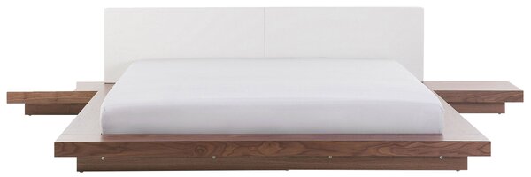 Posteľ v japonskom štýle hnedý jaseň 180 x 200 cm nízky drevený rám postele z MDF koženkové čelo LED podsvietenie nočné stolíky