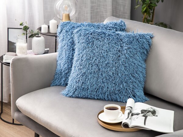 Sada 2 dekoratívnych vankúšov modrý polyester 45 x 45 cm umelá kožušina mäkká výplň moderný štýl