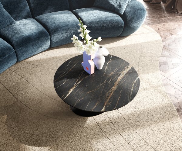 DELIFE Konferenčný stolík Edge okrúhly 90x90 cm keramika Laminam® Noir Desir hnedá Conis kov čierna