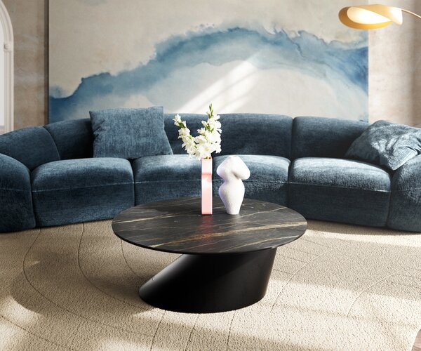 DELIFE Konferenčný stolík Edge okrúhly 90x90 cm keramika Laminam® Noir Desir hnedá Conis kov čierna