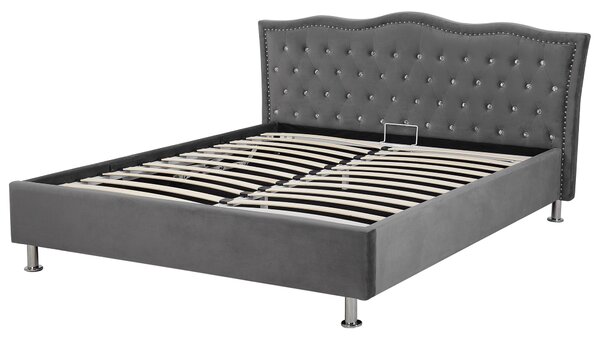 Posteľ tmavosivá zamatové čalúnenie 160 x 200 cm s úložným priestorom prešívané čelo s gombíkmi moderný glamour štýl spálňa