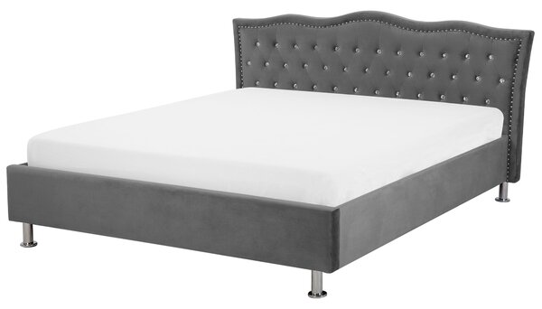 Posteľ tmavosivá zamatové čalúnenie 160 x 200 cm s úložným priestorom prešívané čelo s gombíkmi moderný glamour štýl spálňa