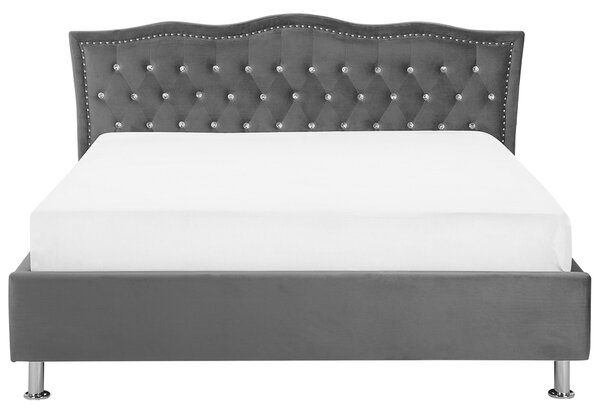 Posteľ tmavosivá zamatové čalúnenie 160 x 200 cm s úložným priestorom prešívané čelo s gombíkmi moderný glamour štýl spálňa