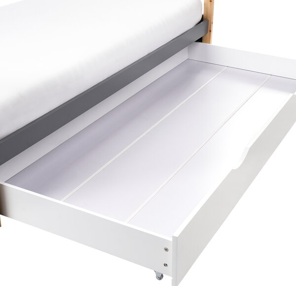 Detská posteľ biela sivá svetlé borovicové drevo 90 x 200 cm tvar domčeka jednolôžko pre deti s úložnými zásuvkami lamelový rám postele
