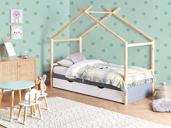 Detská posteľ biela sivá svetlé borovicové drevo 90 x 200 cm tvar domčeka jednolôžko pre deti s úložnými zásuvkami lamelový rám postele