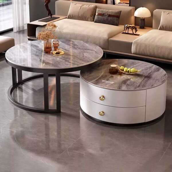 LuxuryForm DESIGN Konferenčný stolík ORION 70 × 70 / 50 × 50 cm – biely / sivý mramor (set 2 ks)